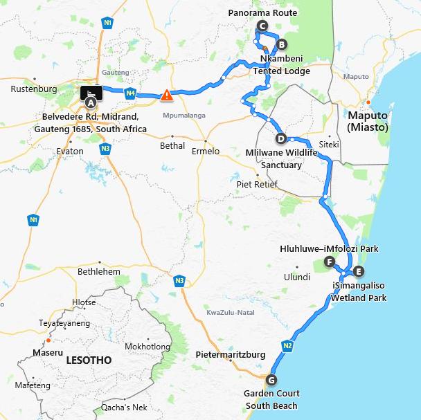 Mapa trasy wycieczki z Johannesburga do Durbanu z wizytą w Parku Krugera