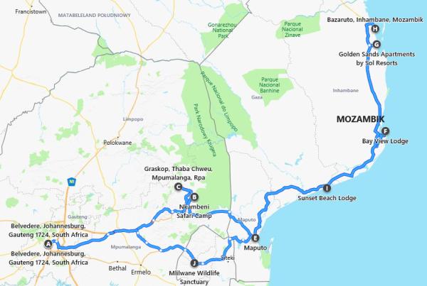 Mapa trasy wycieczki z Johannesburga do Mozambiku i Suazi