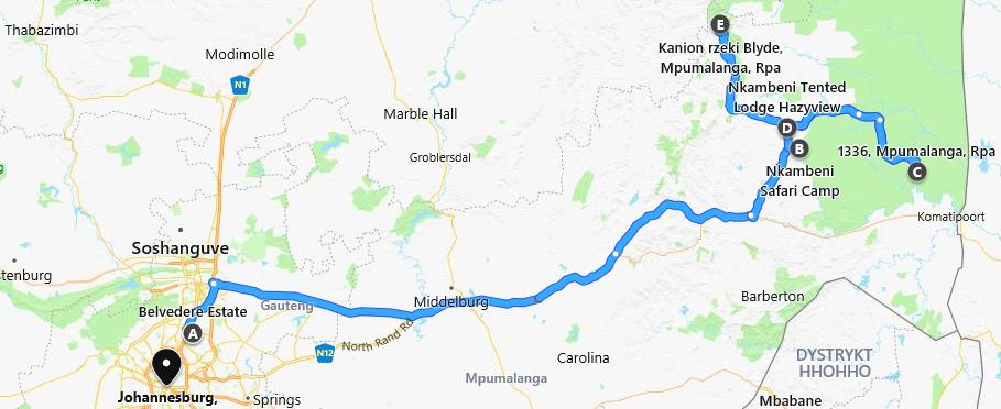 Mapa trasy wycieczki do Parku Krugera.