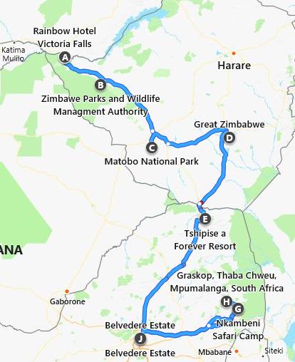 Mapa trasy wycieczki przez Zimbabwe do Parku Krugera. Podziwianie Trasy Panoramicznej